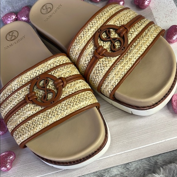 Sam & Libby Tan and Brown Slide Sandals with Woven Straps - Picture 3 of 8